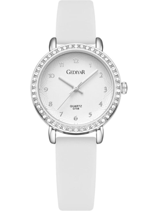 Women\'s All White Analog Quartz Crystal Rhinestone Bezel Waterproof Wrist Watch